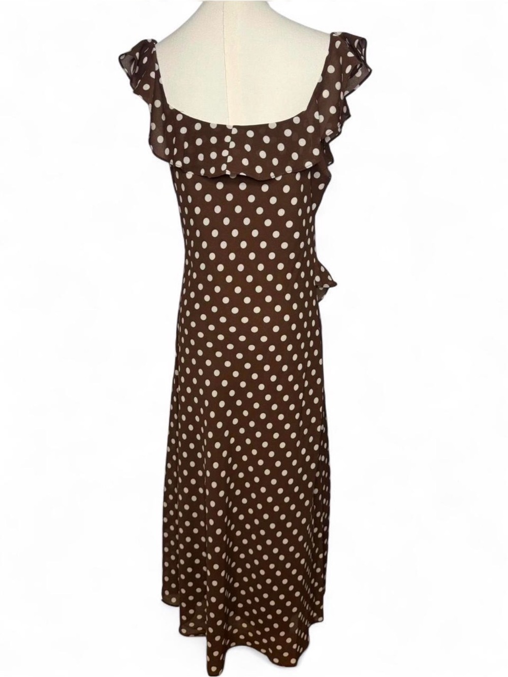 Chelsea28 Brown Polka Dot Ruffle Midi Dress | Romantic Coquette Wedding Guest - Picture 5 of 8
